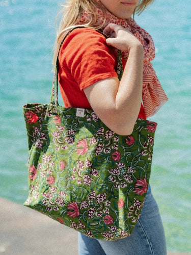 Daily Bag Hara Vert in Baumwoll-Blockdruck, handgefertigt in Jaipur - Kirane