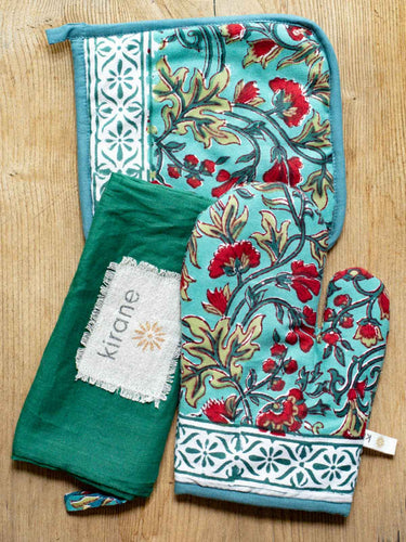Ofenhandschuh und Topflappen Jodhpur Bleu in Baumwoll-Blockdruck - Kirane