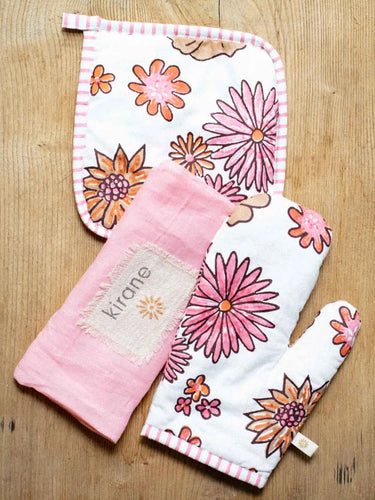Ofenhandschuh und Topflappen Seventies Flower in Baumwoll-Blockdruck - Kirane