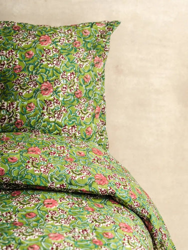 Juego de cama floral - Funda nórdica y fundas de almohada - Hara Verde en algodón block print artesanal, hecho a mano en Jaipur - Kirane