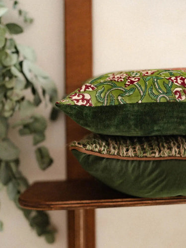 Housse de coussin Hara & Velours sapin 30×50 cm, block print et velours artisanal - Kirane