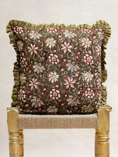 Kissenbezug - Nimbu kaki volant - 45x45cm, Kissenbezug in handwerklichem Blockdruck, handgefertigt in Jaipur - Kirane