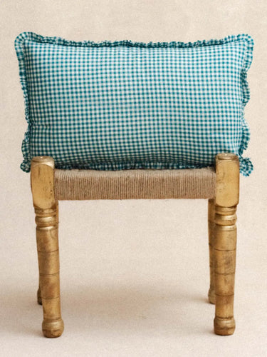 Kissenbezug - Vichy Azur - 30x50cm, Kissenbezug in handwerklichem Blockdruck, handgefertigt in Jaipur - Kirane