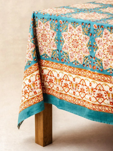Indische Tischdecke - Ulka Blau in Baumwoll-Blockdruck, handgefertigt in Jaipur - Kirane