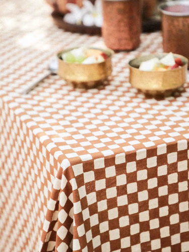 Tischdecke - Damier Café in Baumwoll-Blockdruck, handgefertigt in Jaipur - Kirane