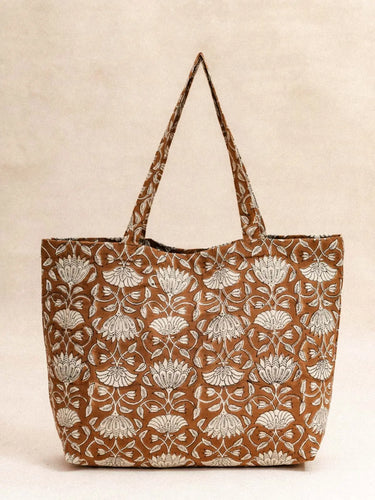 Daily Bag Lotus Café en algodón block print artesanal, hecho a mano en Jaipur - Kirane