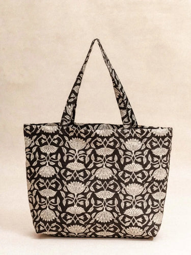 Daily Bag Lotus Noir en algodón block print artesanal, hecho a mano en Jaipur - Kirane