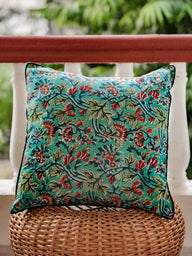 Housse de coussin Jodhpur Bleu, gros plan sur le motif aux pigments végétaux