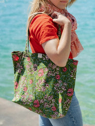 Daily Bag Hara Grün aus handwerklichem Blockdruck-Baumwolle, handgefertigt in Jaipur - Kirane