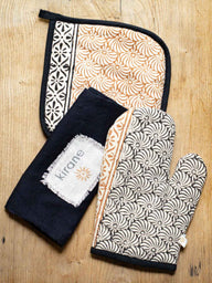 Gant de cuisine et manique Haiku Café en coton block print artisanal - Kirane
