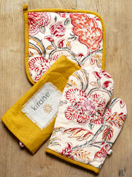 Gant de cuisine Neiroli, détail du motif block print floral imprimé main