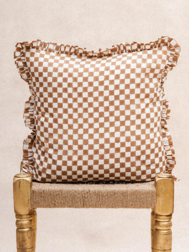 Kissenbezug Damier Café & Jonquille, Detail des zweifarbigen Damier-Blockdruckmotivs