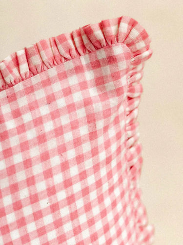 Kissenbezug - Vichy fraise - 30x50cm, Detail des handgedruckten Blockdruckmotivs