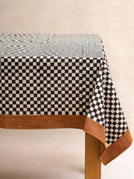 Tovaglia - Damier Nero in cotone block print artigianale, fatto a mano a Jaipur - Kirane