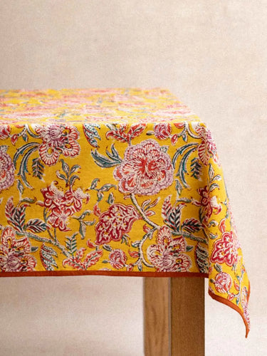 Tischdecke - Neiroli Jaune Soleil, Detail des handgedruckten Blockdruckmotivs