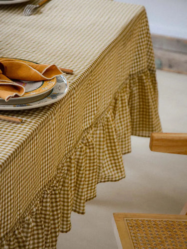 Tischdecke - Vichy volant, Detail des handgedruckten Blockdruckmotivs