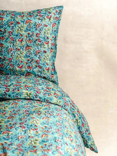 Bettwäsche-Set - Bettbezug & Kissenbezüge - Jodhpur Blau, Detail des handgedruckten Blockdruckmotivs