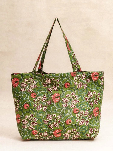 Daily Bag Hara Vert, detalle del motivo block print verde impreso a mano