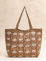 Daily Bag Lotus Café in artisanal block print cotton, handmade in Jaipur - Kirane