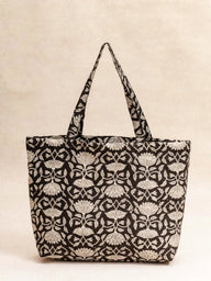 Daily Bag Lotus Black in artisanal block print cotton, handmade in Jaipur - Kirane